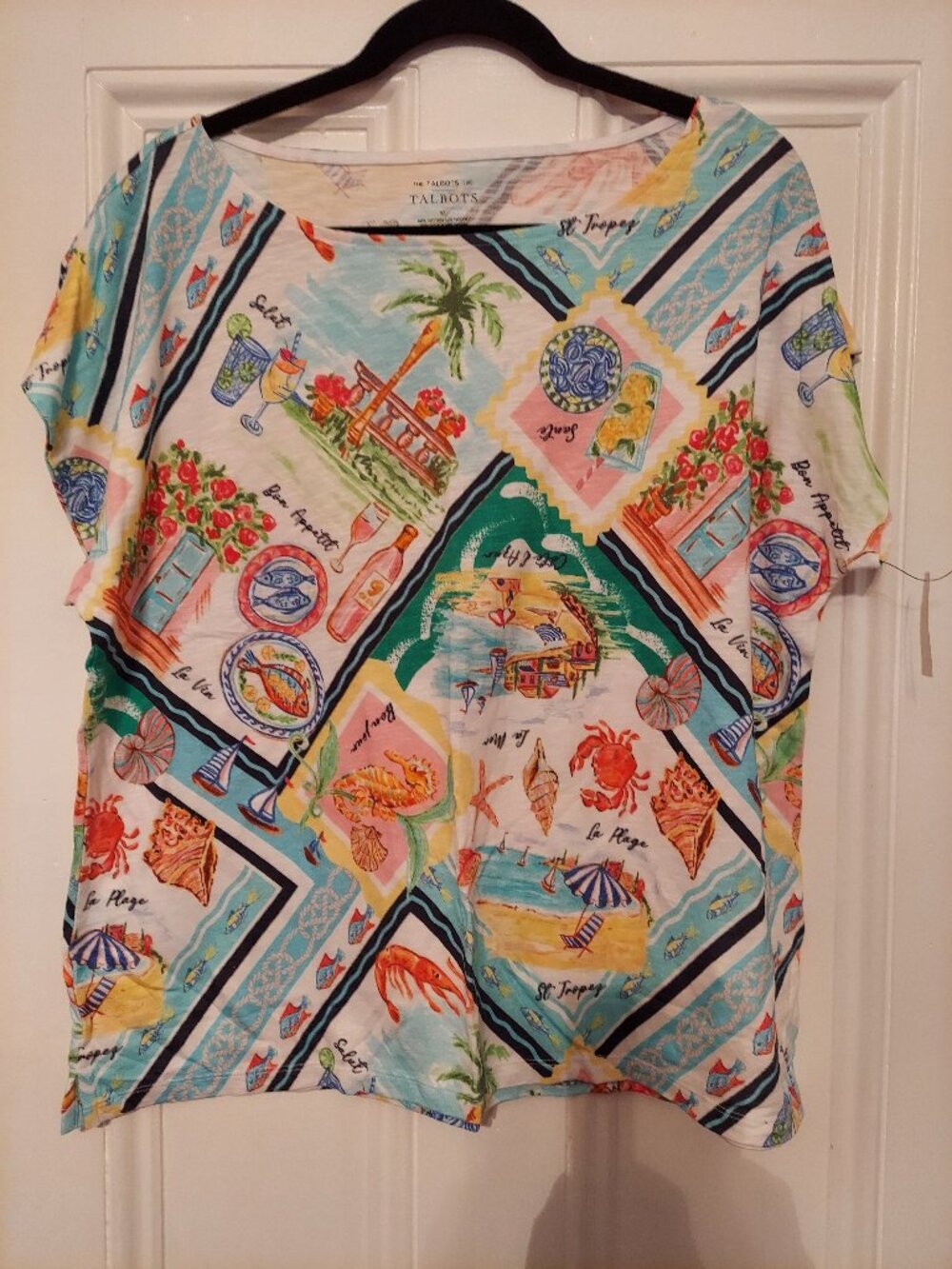 NWT Talbot's Cap Sleeve Tee in White & Multi Travel Designs size XL